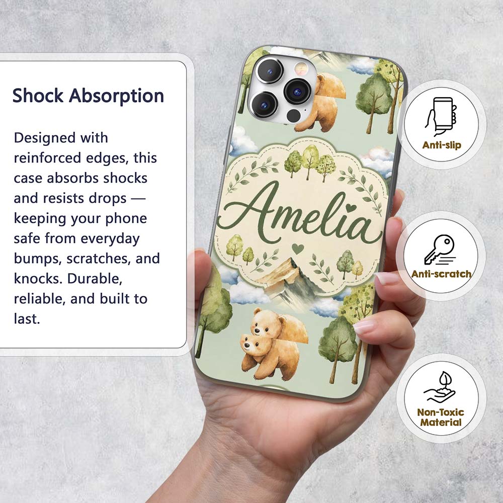 Forest Bear Trees Mountains Clouds on Sage Green Custom Name Protective Phone Case Mobile Cover Durable Everyday Smartphone Shock Resistant