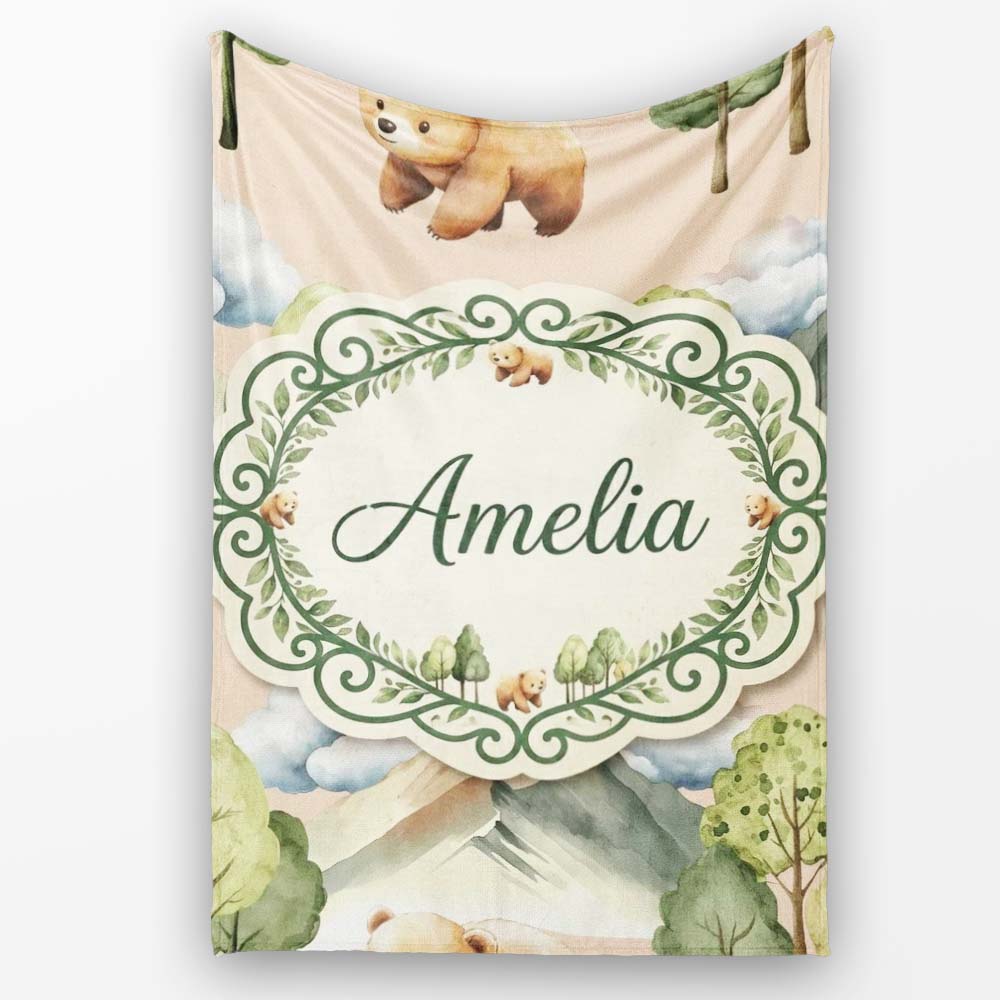 Forest Bear Trees Mountains Clouds on Neutral Cream Seamless Personalised Custom Name Super Soft Fleece Blanket Bed Sofa Throw