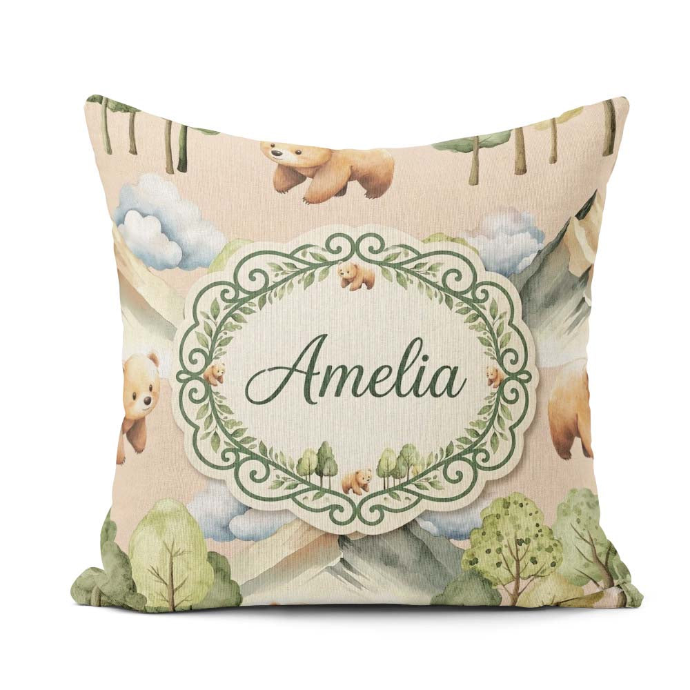 Custom Name Forest Bear Trees Mountains Clouds on Cream Seamless Square Filled Cushion Throw Pillow Sofa Bed Home Decor Zip Washable UK Made