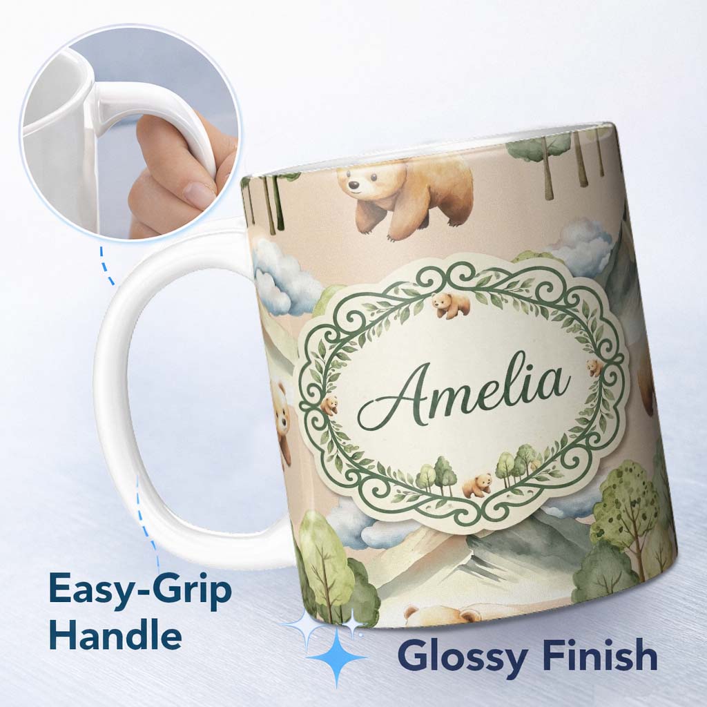 Personalized Custom Name Forest Bear Trees Mountains Clouds on Neutral Cream Seamless 11oz Ceramic Coffee Tea Mug White Large Handle