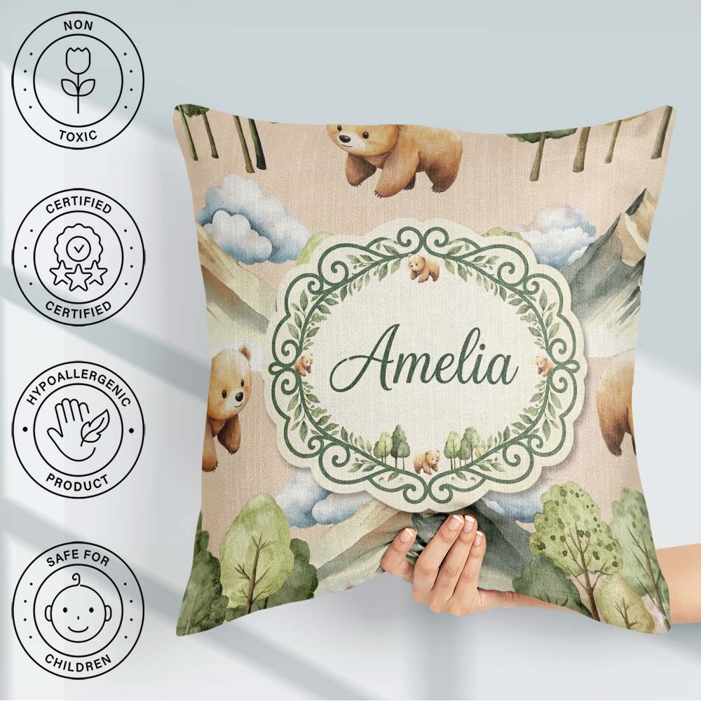 Custom Name Forest Bear Trees Mountains Clouds on Cream Seamless Square Filled Cushion Throw Pillow Sofa Bed Home Decor Zip Washable UK Made