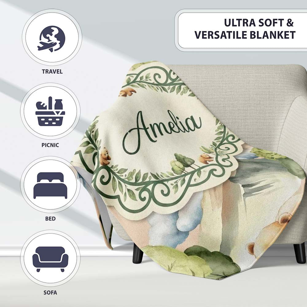 Forest Bear Trees Mountains Clouds on Neutral Cream Seamless Personalised Custom Name Super Soft Fleece Blanket Bed Sofa Throw