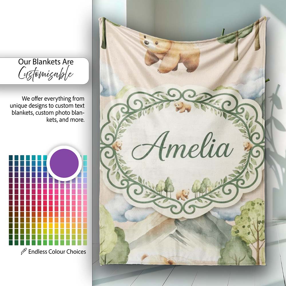 Forest Bear Trees Mountains Clouds on Neutral Cream Seamless Personalised Custom Name Super Soft Fleece Blanket Bed Sofa Throw