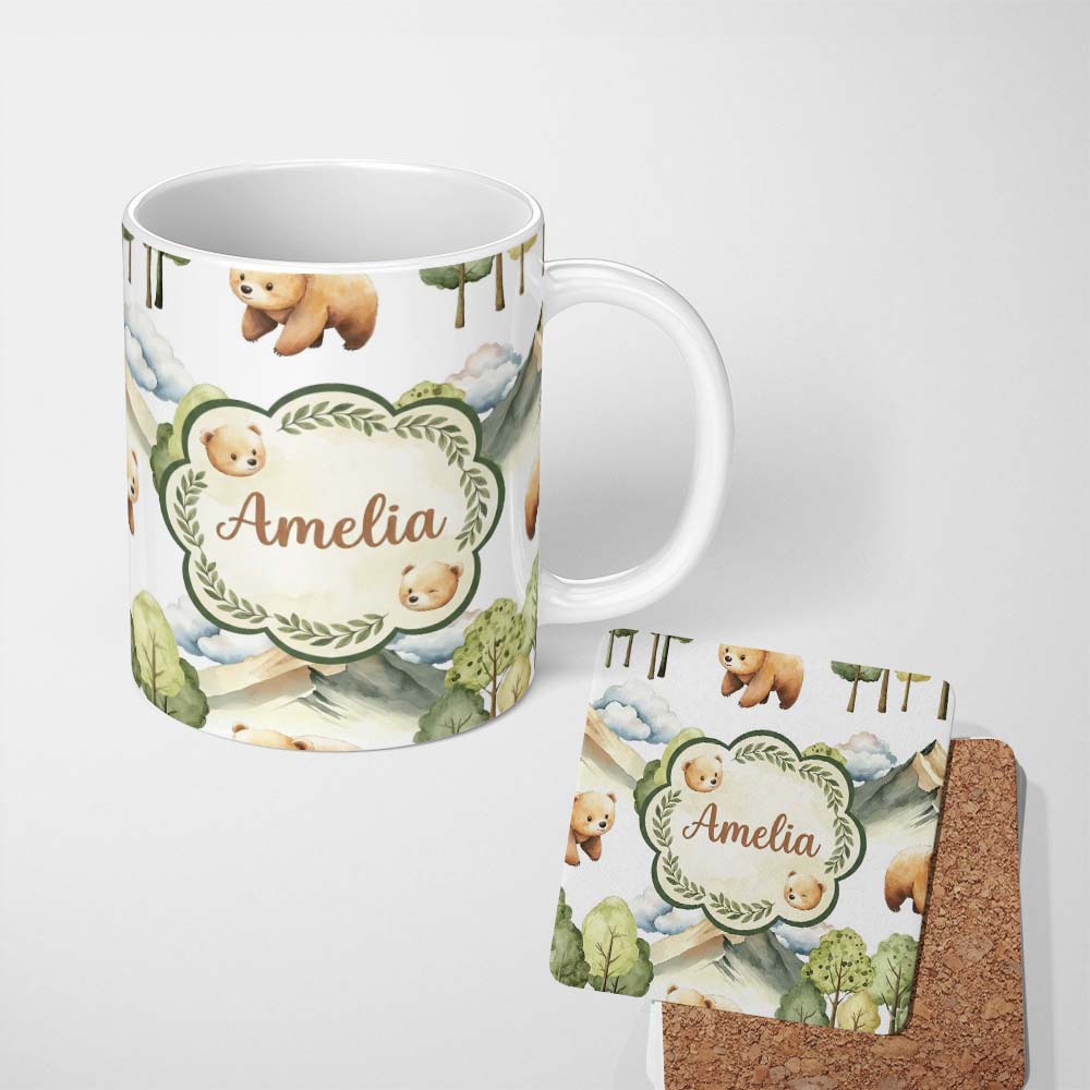 Personalized Custom Name Forest Bear Trees Mountains Clouds on Light Grey Seamless Pattern 11oz Ceramic Coffee Tea Mug White Large Handle