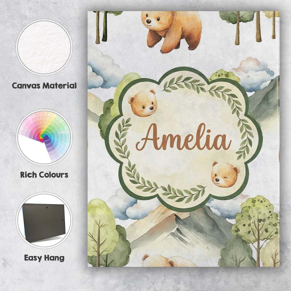 Personalised Name Forest Bear Trees Mountains Custom Unique Gift Idea Modern Room Accent Canvas Wall Art Print Decor Picture Ready to Hang