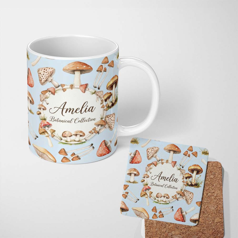 Personalized Custom Name Watercolor Mushrooms Botanical Forest Elements on Soft Blue 11oz Ceramic Coffee Tea Mug White Large Handle