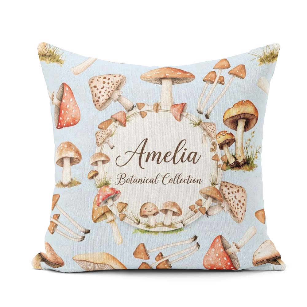 Custom Name Watercolor Mushrooms Botanical Elements on Soft Blue Square Filled Cushion Throw Pillow Sofa Bed Home Decor Zip Washable UK Made