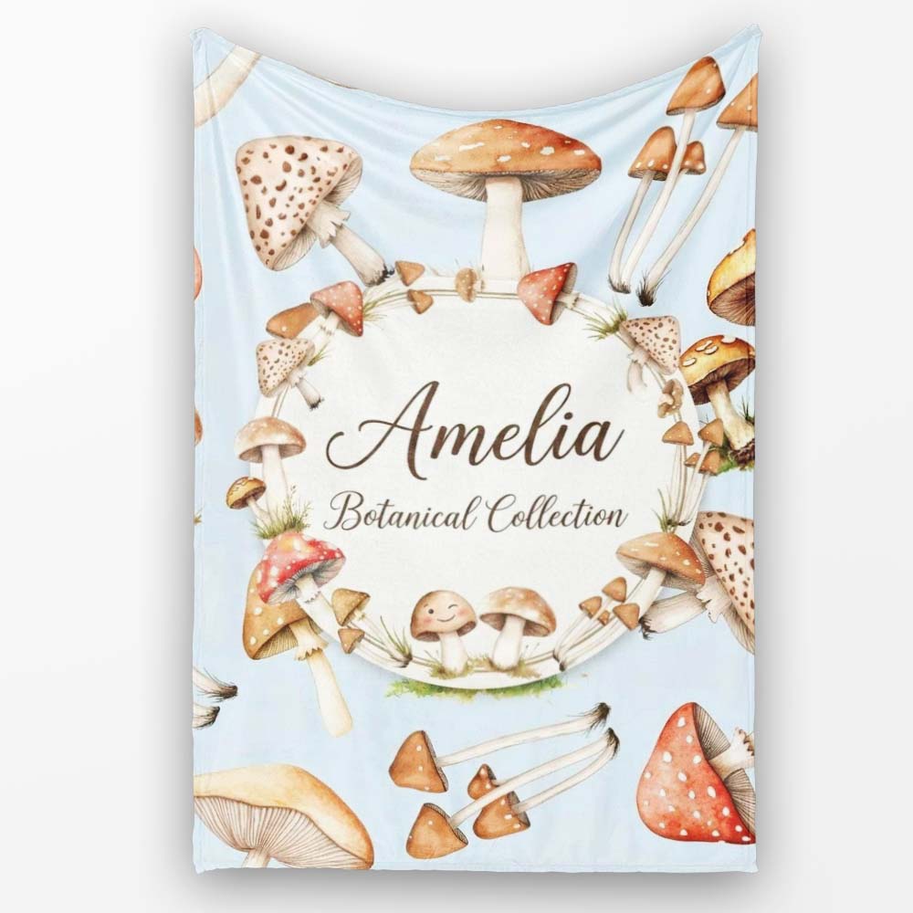 Watercolor Mushrooms Botanical Forest Elements on Soft Blue Personalised Custom Name Super Soft Fleece Blanket Bed Sofa Throw