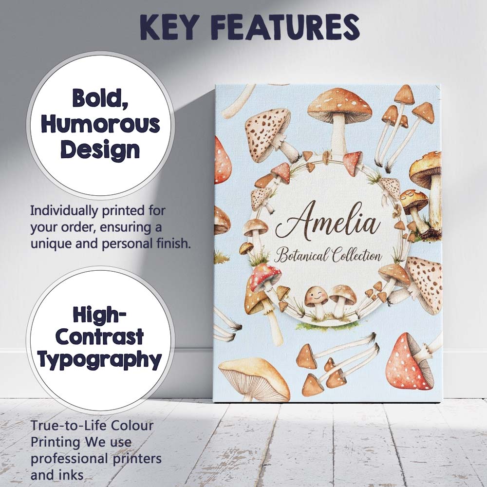 Personalised Name Watercolor Mushrooms Custom Modern Room Accent Elegant Feature Canvas Wall Art Print Decor Picture Ready to Hang