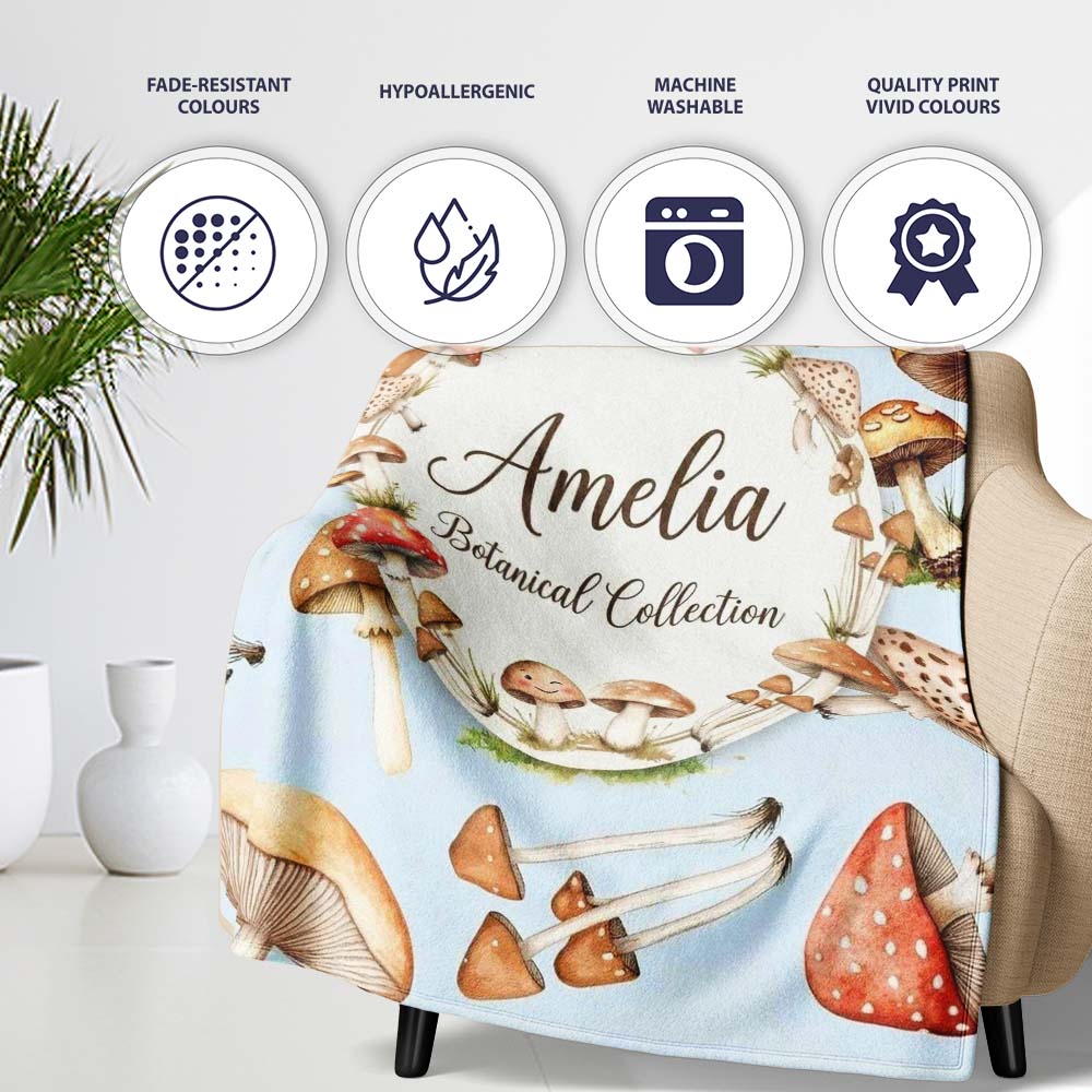 Watercolor Mushrooms Botanical Forest Elements on Soft Blue Personalised Custom Name Super Soft Fleece Blanket Bed Sofa Throw