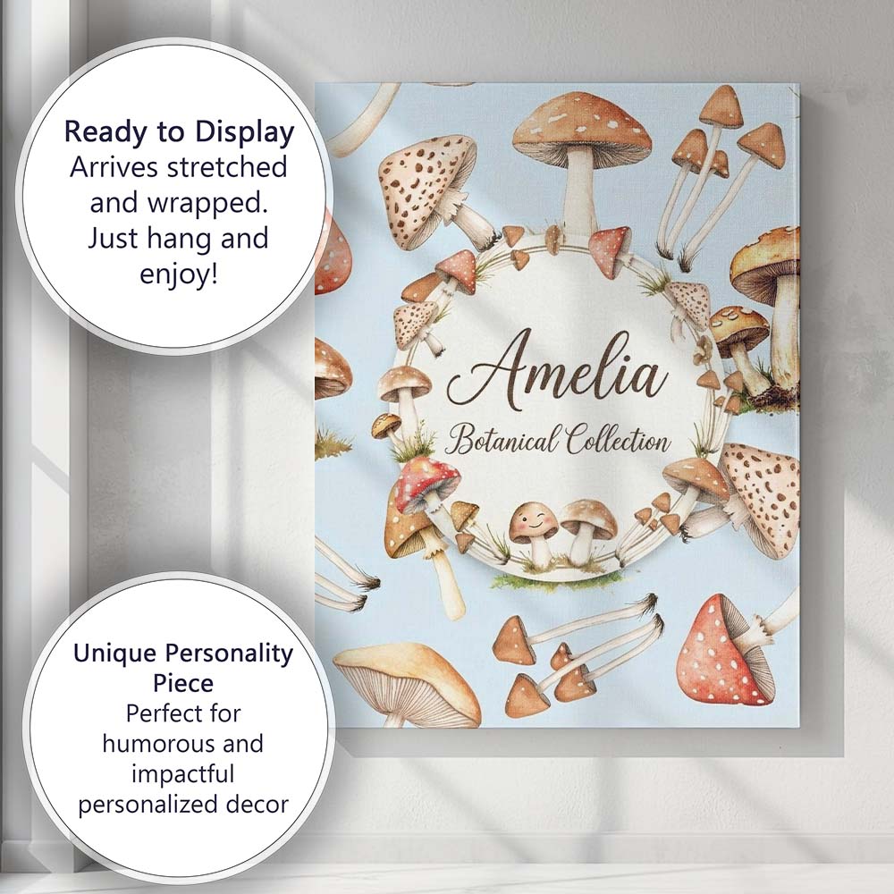 Personalised Name Watercolor Mushrooms Custom Modern Room Accent Elegant Feature Canvas Wall Art Print Decor Picture Ready to Hang