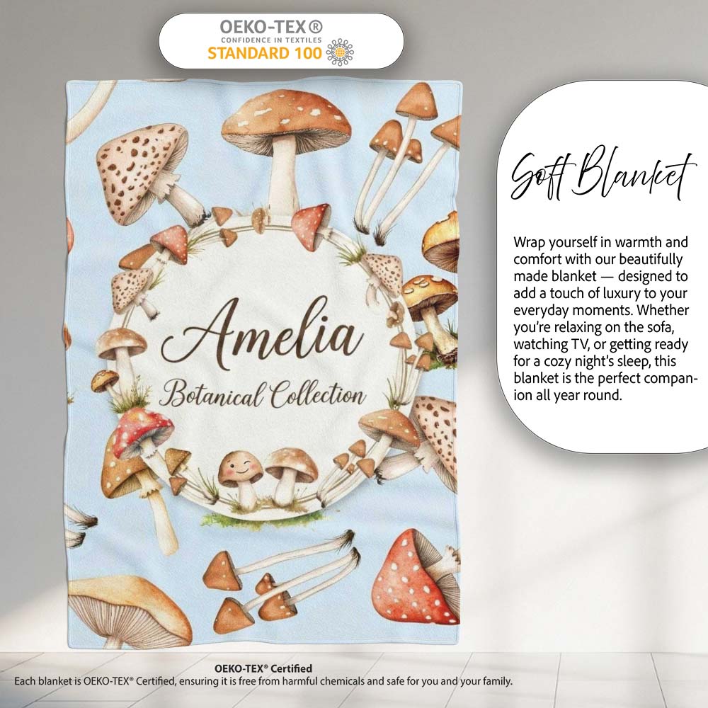 Watercolor Mushrooms Botanical Forest Elements on Soft Blue Personalised Custom Name Super Soft Fleece Blanket Bed Sofa Throw