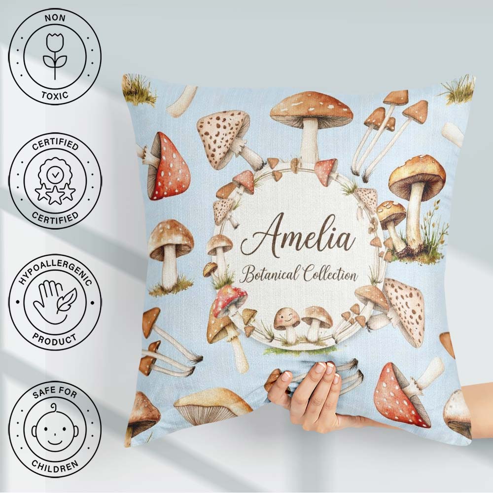 Custom Name Watercolor Mushrooms Botanical Elements on Soft Blue Square Filled Cushion Throw Pillow Sofa Bed Home Decor Zip Washable UK Made