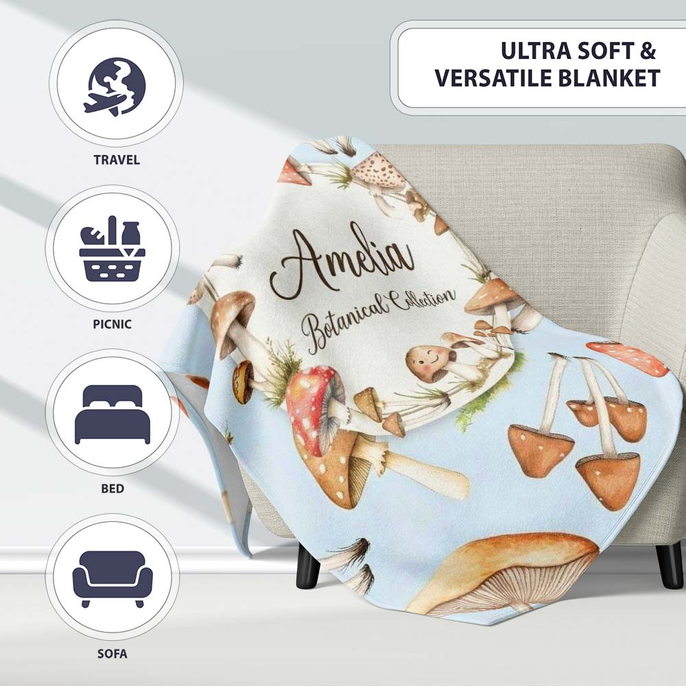 Watercolor Mushrooms Botanical Forest Elements on Soft Blue Personalised Custom Name Super Soft Fleece Blanket Bed Sofa Throw