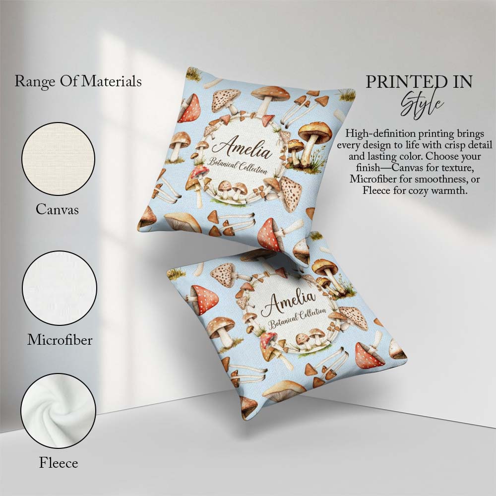 Custom Name Watercolor Mushrooms Botanical Elements on Soft Blue Square Filled Cushion Throw Pillow Sofa Bed Home Decor Zip Washable UK Made