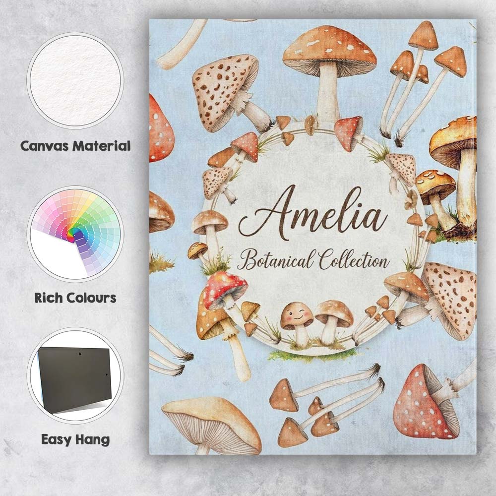 Personalised Name Watercolor Mushrooms Custom Modern Room Accent Elegant Feature Canvas Wall Art Print Decor Picture Ready to Hang
