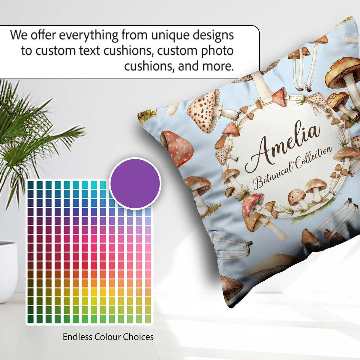 Custom Name Watercolor Mushrooms Botanical Elements on Soft Blue Square Filled Cushion Throw Pillow Sofa Bed Home Decor Zip Washable UK Made