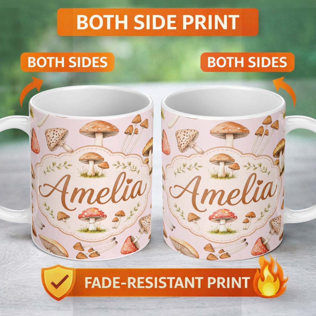 Personalized Custom Name Watercolor Mushrooms Botanical Forest Elements on Blush Pink 11oz Ceramic Coffee Tea Mug White Large Handle