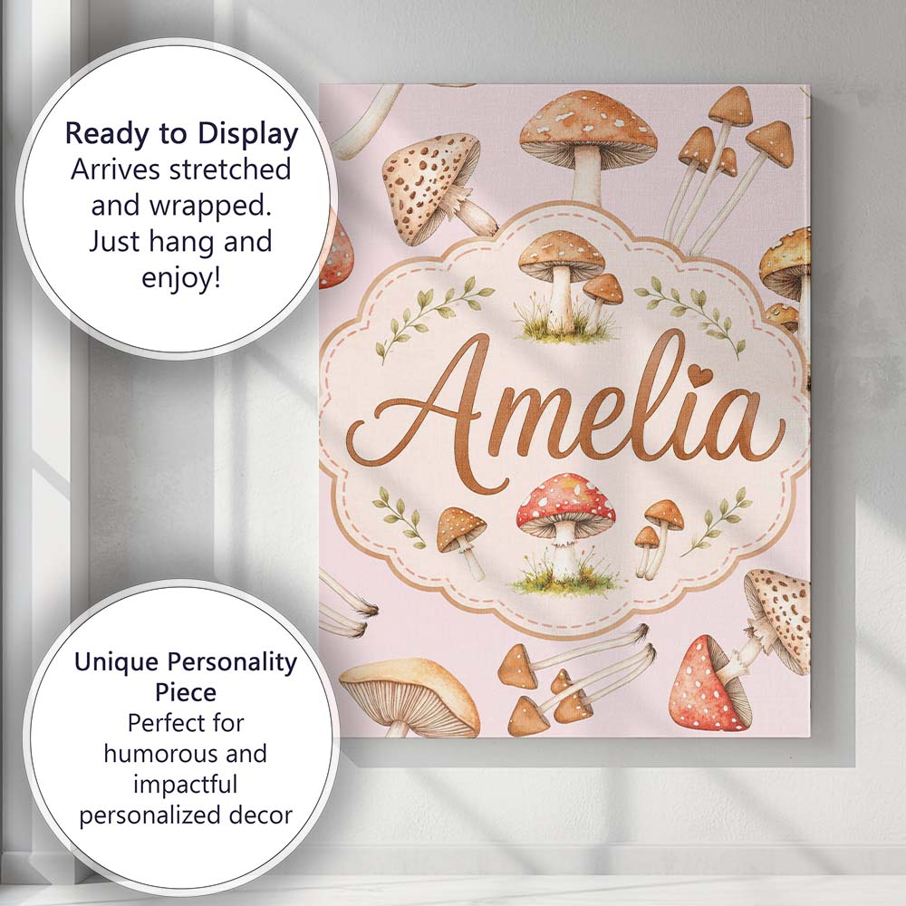 Personalised Name Watercolor Mushrooms Custom Modern Room Accent Elegant Feature Canvas Wall Art Print Decor Picture Ready to Hang