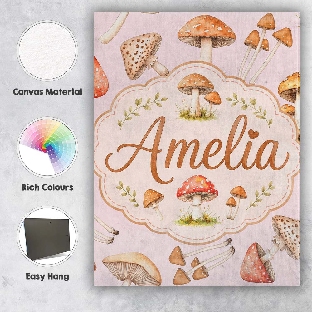 Personalised Name Watercolor Mushrooms Custom Modern Room Accent Elegant Feature Canvas Wall Art Print Decor Picture Ready to Hang