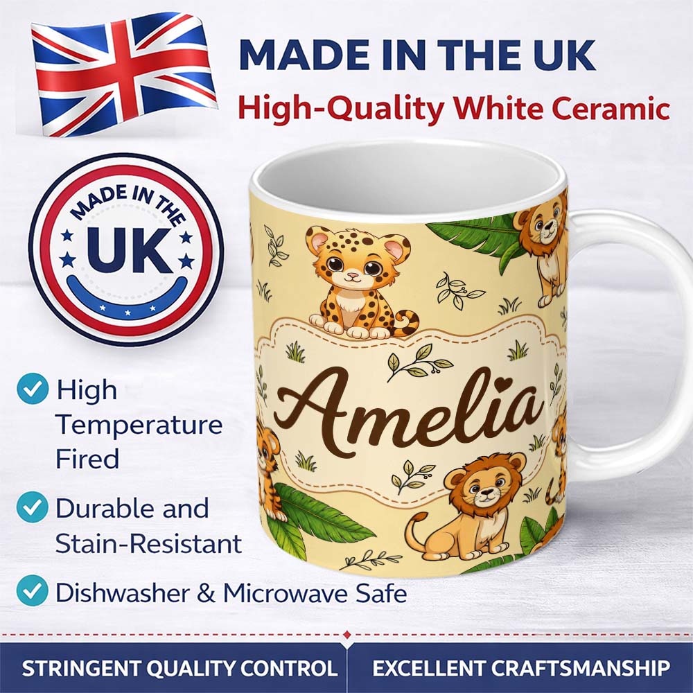 Personalized Custom Name Cute Jungle Animals Lion Tiger Leopard Tropical Leaves Beige Lovely 11oz Ceramic Coffee Tea Mug White Large Handle