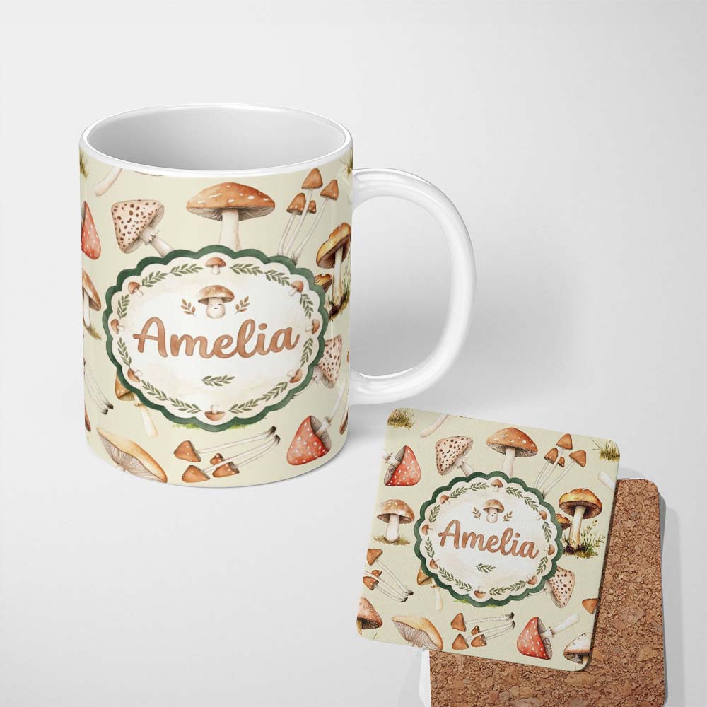 Personalized Custom Name Watercolor Forest Mushrooms Botanical Elements on Soft Beige 11oz Ceramic Coffee Tea Mug White Large Handle