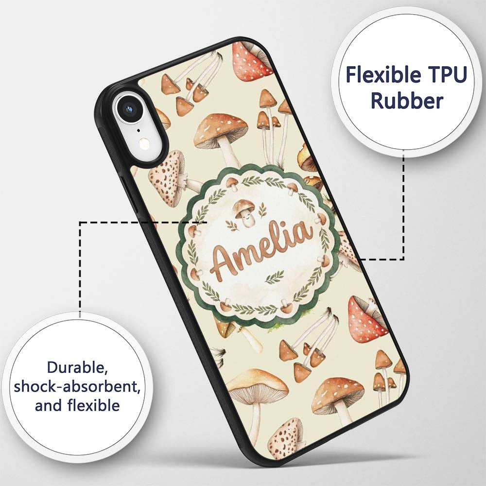 Watercolor Forest Mushrooms Botanical Elements on Custom Name Protective Phone Case Mobile Cover Durable Everyday Smartphone Shock Resistant