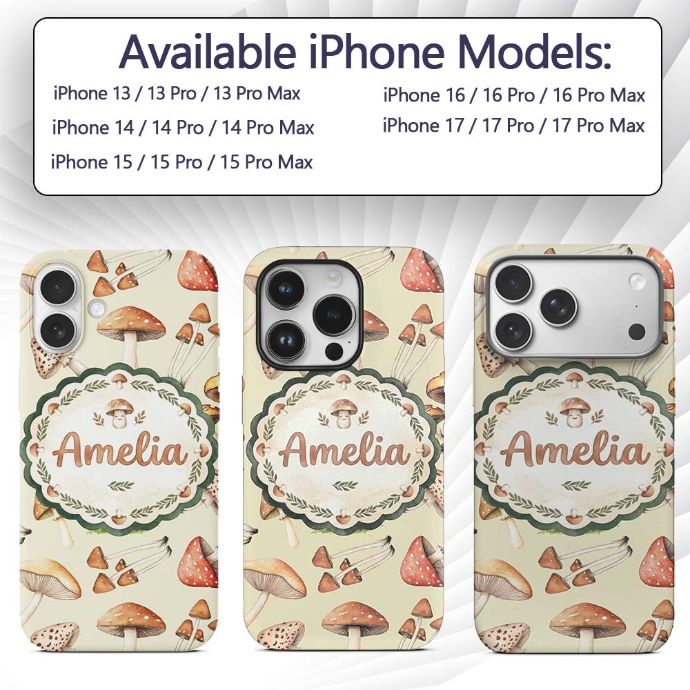 Watercolor Forest Mushrooms Botanical Elements on Custom Name Protective Phone Case Mobile Cover Durable Everyday Smartphone Shock Resistant