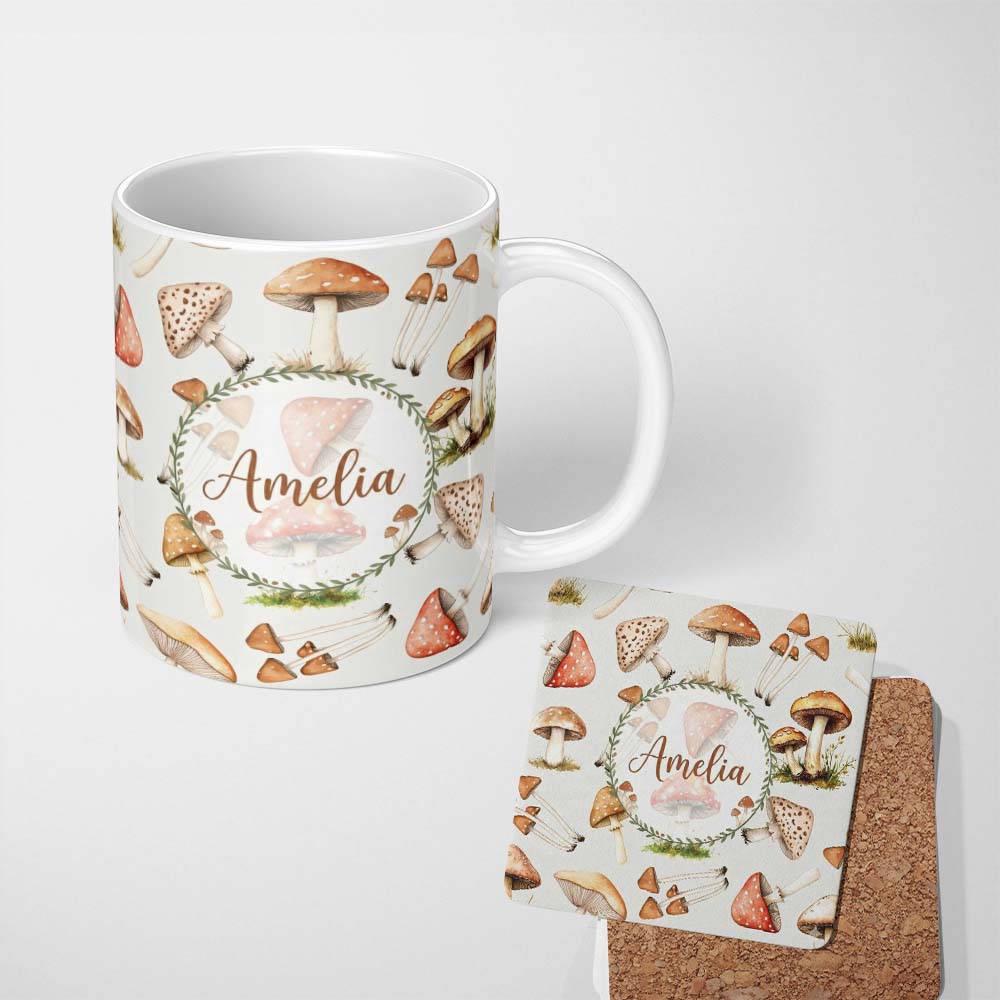 Personalized Custom Name Watercolor Forest Mushrooms Botanical Elements on Light Grey 11oz Ceramic Coffee Tea Mug White Large Handle