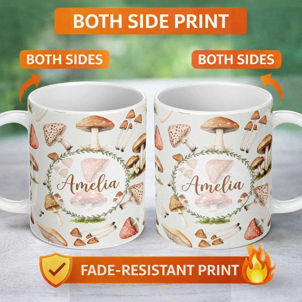 Personalized Custom Name Watercolor Forest Mushrooms Botanical Elements on Light Grey 11oz Ceramic Coffee Tea Mug White Large Handle