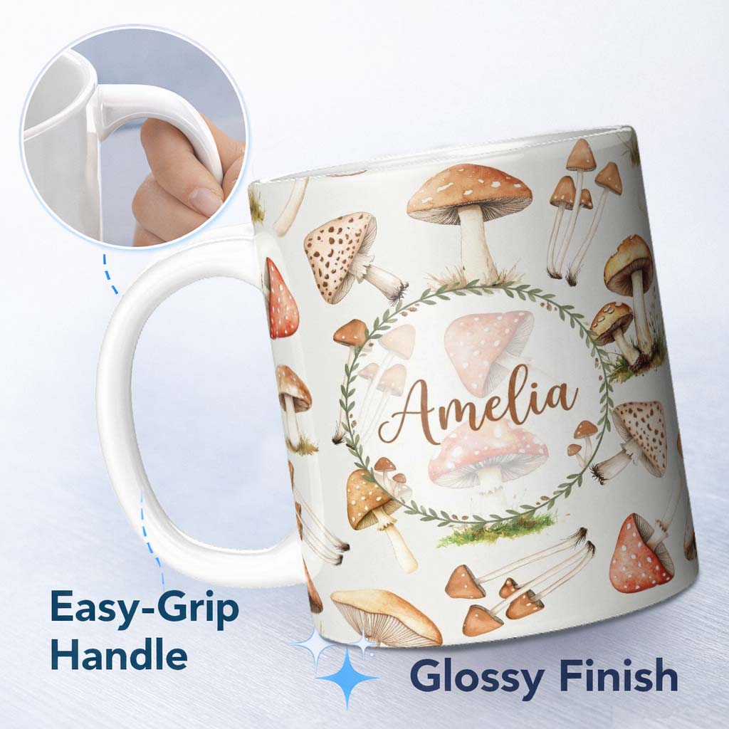 Personalized Custom Name Watercolor Forest Mushrooms Botanical Elements on Light Grey 11oz Ceramic Coffee Tea Mug White Large Handle