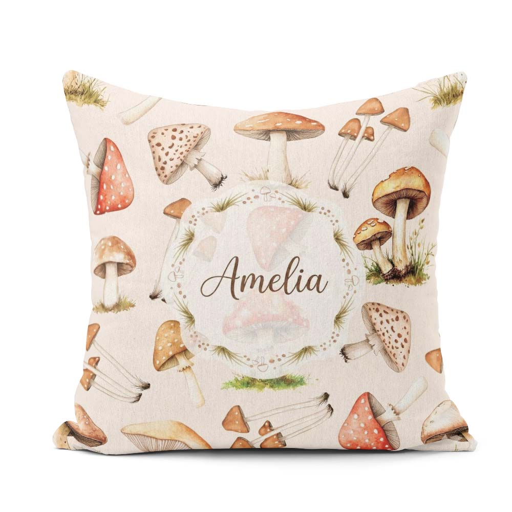 Custom Name Forest Mushrooms Botanical Elements on Neutral Cream Square Filled Cushion Throw Pillow Sofa Bed Home Decor Zip Washable UK Made