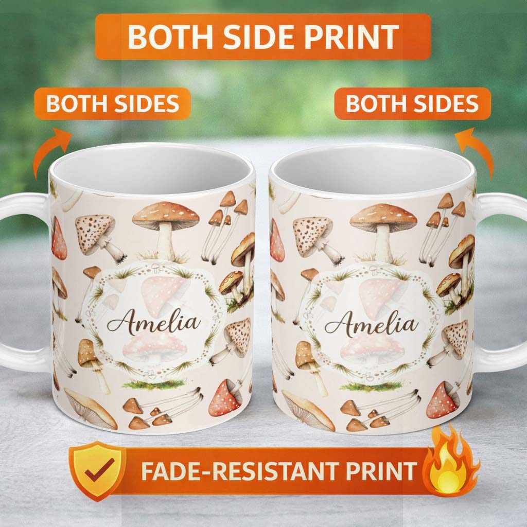 Personalized Custom Name Forest Mushrooms Botanical Elements on Neutral Cream Seamless 11oz Ceramic Coffee Tea Mug White Large Handle