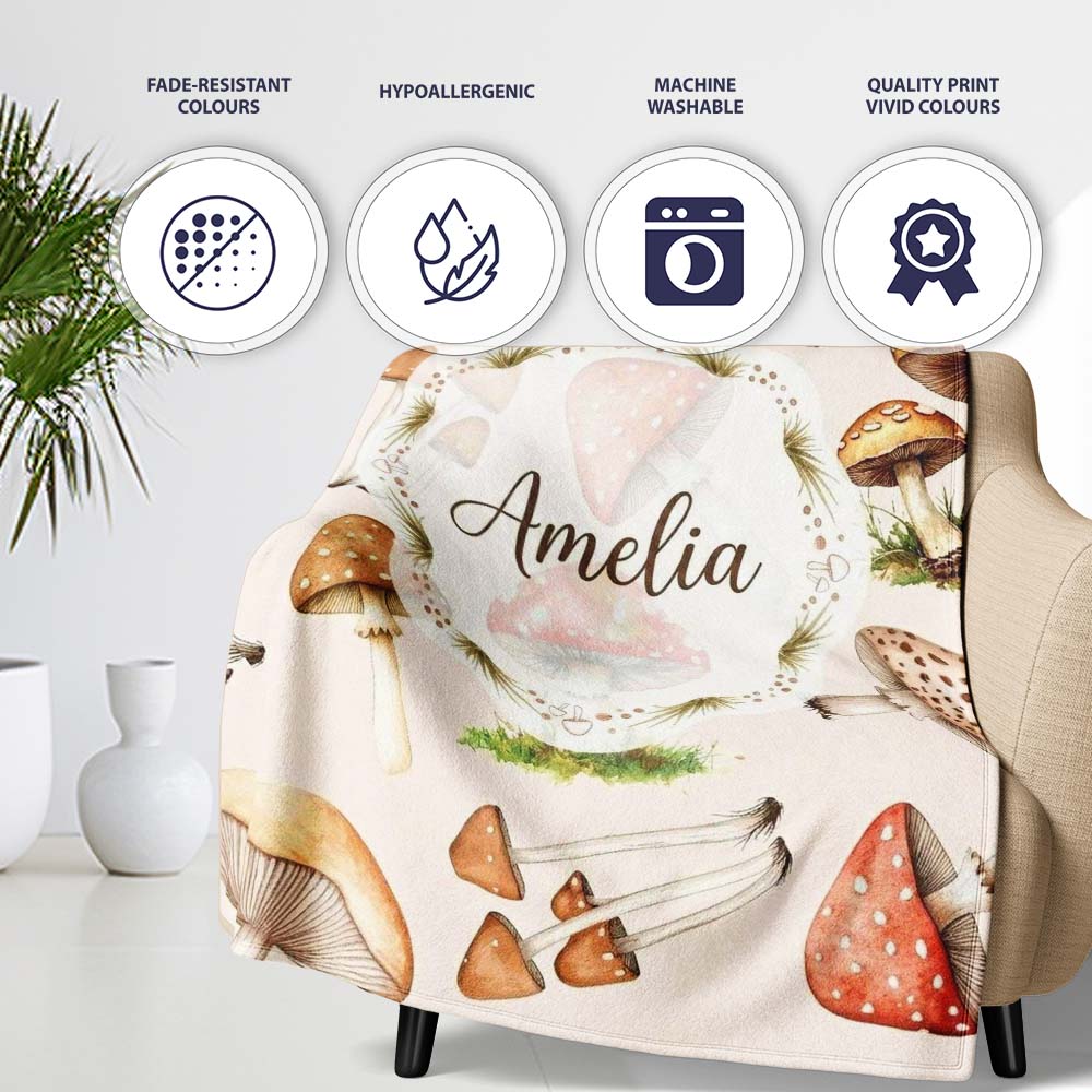 Forest Mushrooms Botanical Elements on Neutral Cream Seamless Personalised Custom Name Super Soft Fleece Blanket Bed Sofa Throw