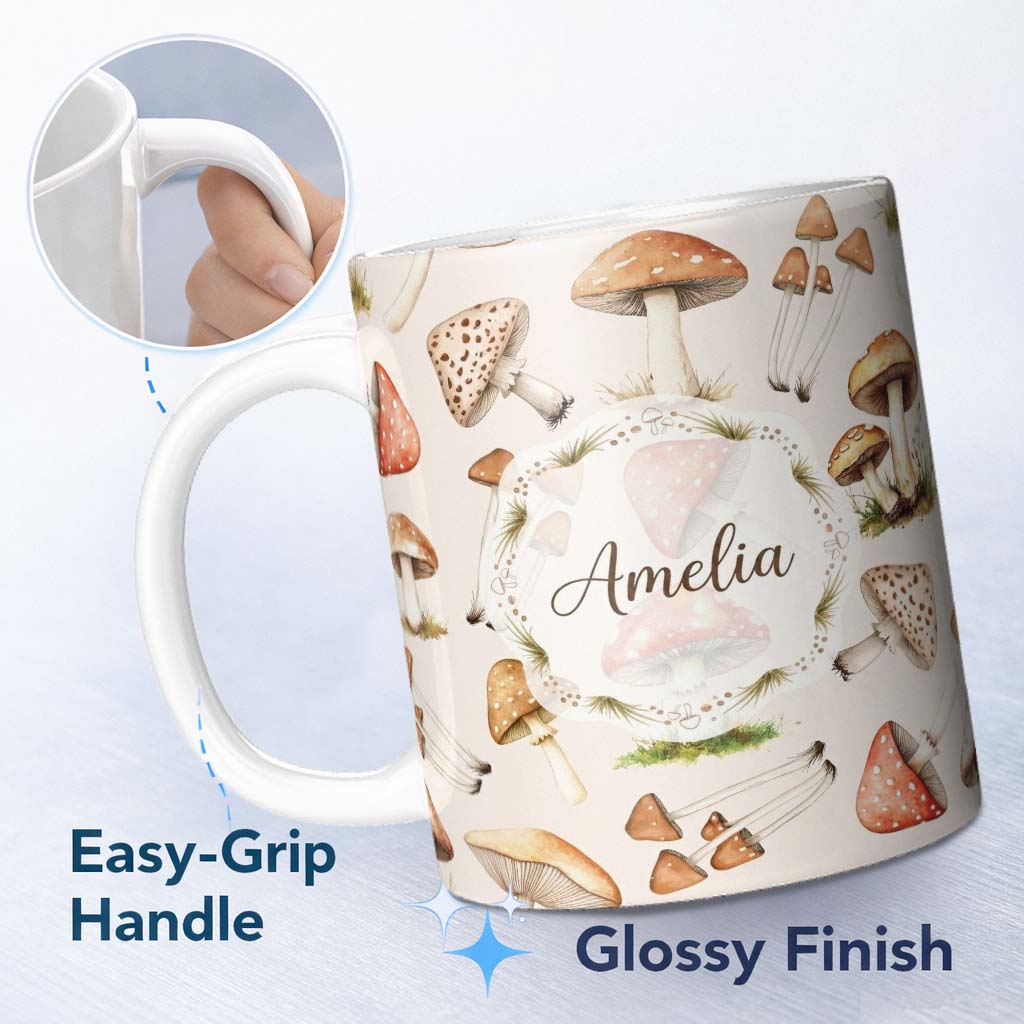 Personalized Custom Name Forest Mushrooms Botanical Elements on Neutral Cream Seamless 11oz Ceramic Coffee Tea Mug White Large Handle