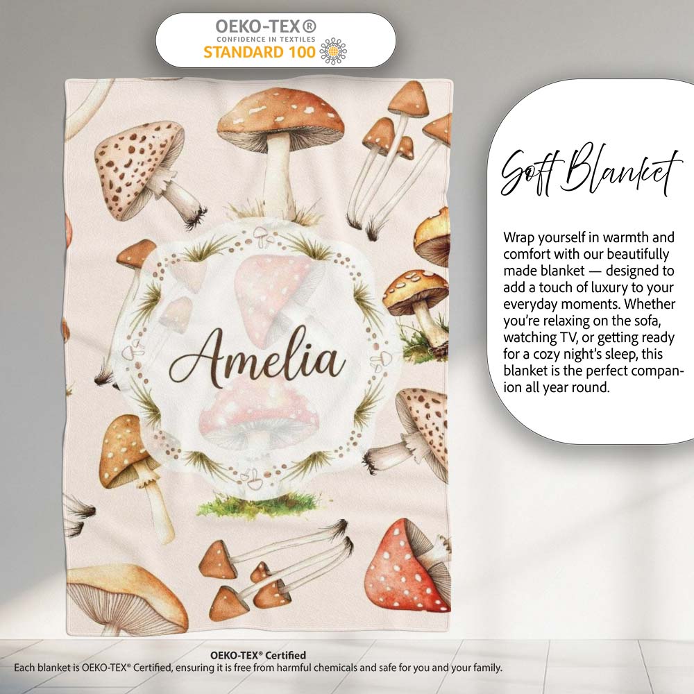 Forest Mushrooms Botanical Elements on Neutral Cream Seamless Personalised Custom Name Super Soft Fleece Blanket Bed Sofa Throw