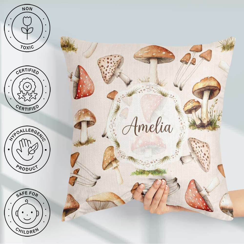 Custom Name Forest Mushrooms Botanical Elements on Neutral Cream Square Filled Cushion Throw Pillow Sofa Bed Home Decor Zip Washable UK Made
