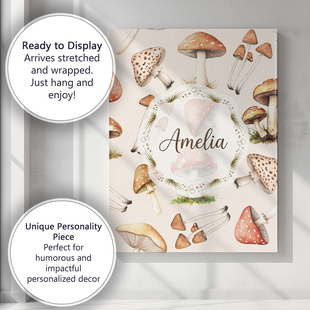 Personalised Name Forest Mushrooms Botanical Custom Bespoke Contemporary Display Canvas Wall Art Print Decor Picture Ready to Hang