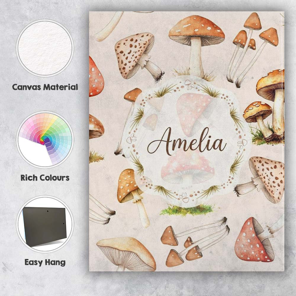 Personalised Name Forest Mushrooms Botanical Custom Bespoke Contemporary Display Canvas Wall Art Print Decor Picture Ready to Hang