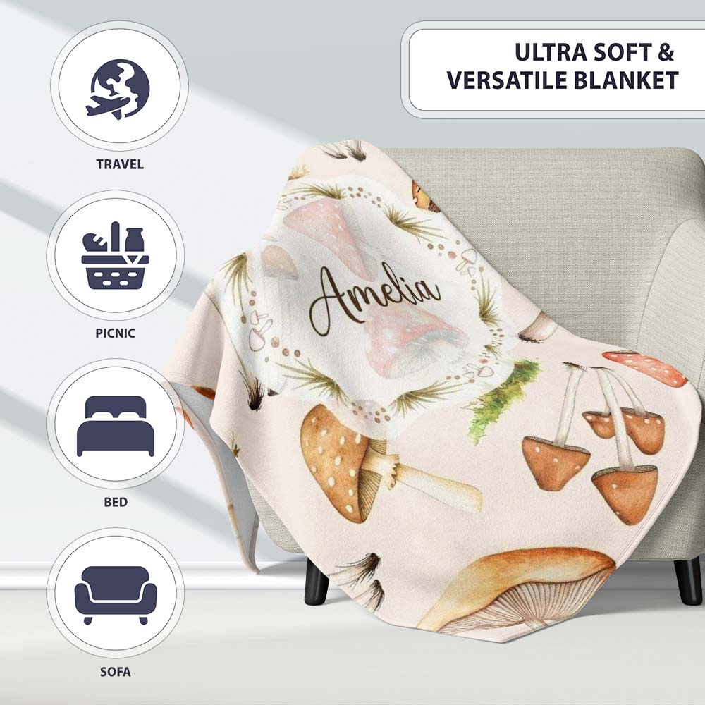 Forest Mushrooms Botanical Elements on Neutral Cream Seamless Personalised Custom Name Super Soft Fleece Blanket Bed Sofa Throw
