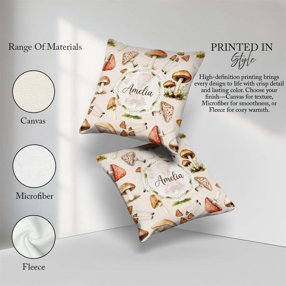 Custom Name Forest Mushrooms Botanical Elements on Neutral Cream Square Filled Cushion Throw Pillow Sofa Bed Home Decor Zip Washable UK Made
