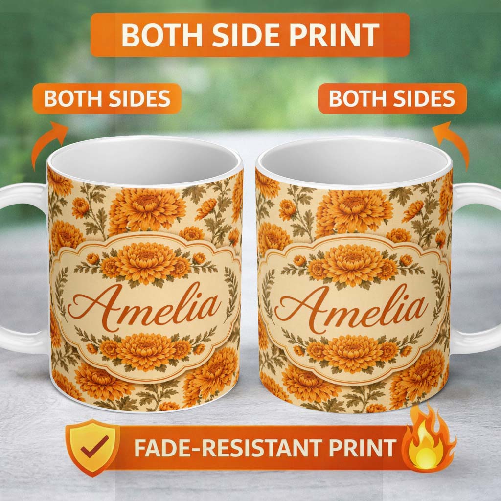 Personalized Custom Name Classic Orange Chrysanthemum Floral Seamless Pattern on Beige Lovely 11oz Ceramic Coffee Tea Mug White Large Handle
