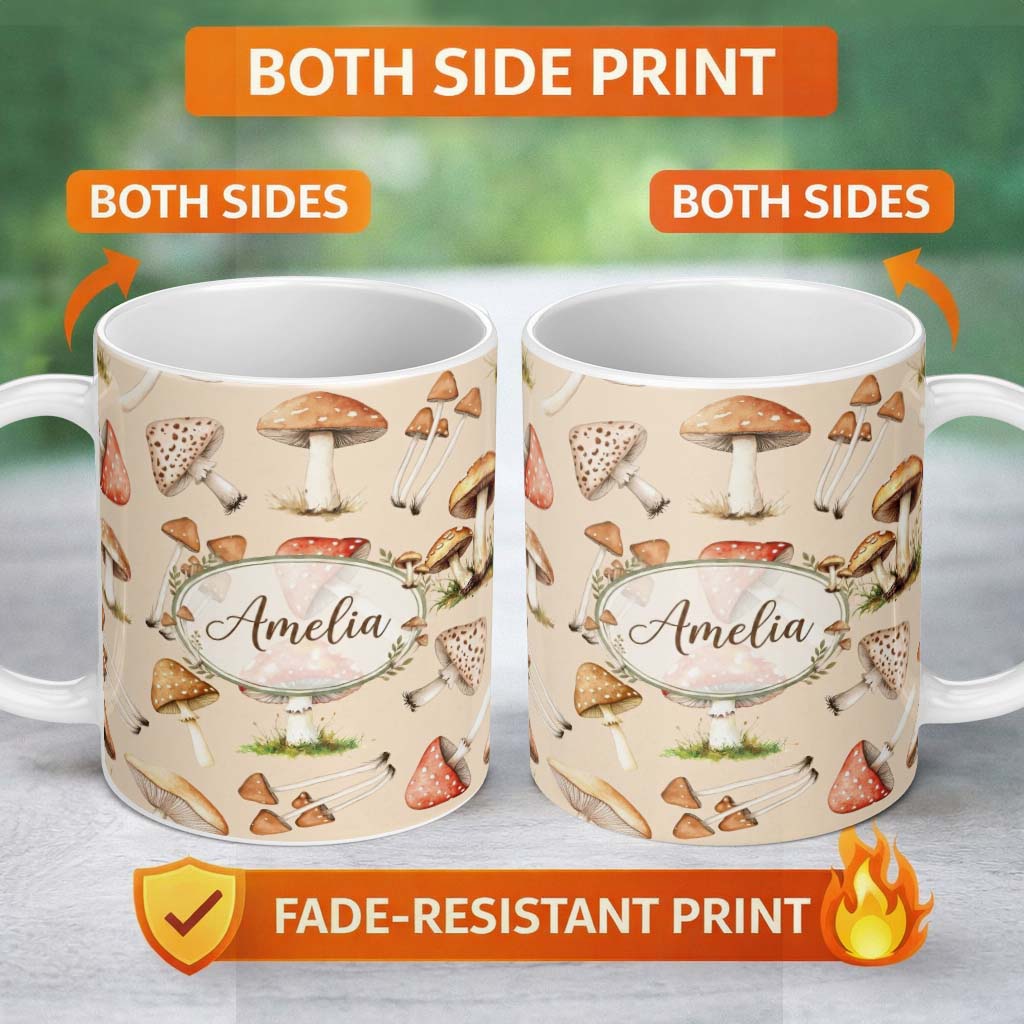 Personalized Custom Name Watercolor Forest Mushrooms Botanical Elements on Warm Beige 11oz Ceramic Coffee Tea Mug White Large Handle