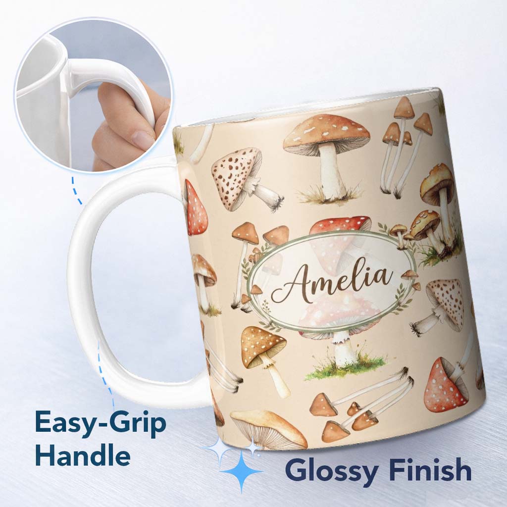 Personalized Custom Name Watercolor Forest Mushrooms Botanical Elements on Warm Beige 11oz Ceramic Coffee Tea Mug White Large Handle