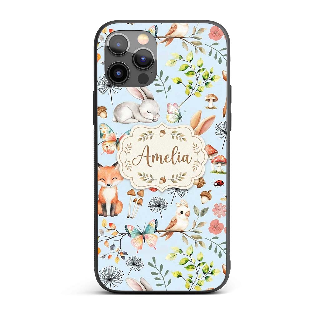 Woodland Animals Rabbit Fox Butterfly Leaves on Custom Name Protective Phone Case Mobile Cover Durable Everyday Smartphone Shock Resistant
