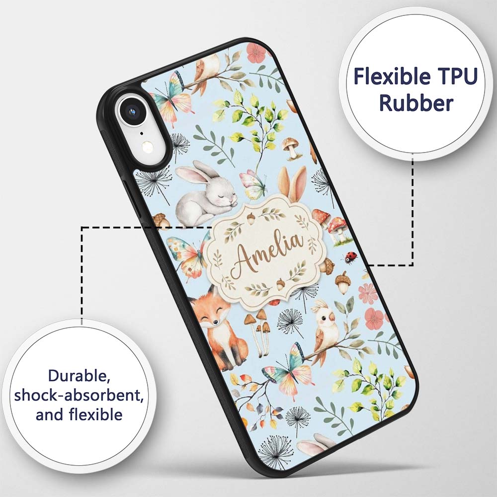 Woodland Animals Rabbit Fox Butterfly Leaves on Custom Name Protective Phone Case Mobile Cover Durable Everyday Smartphone Shock Resistant