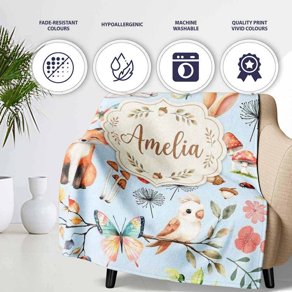 Woodland Animals Rabbit Fox Butterfly Leaves on Soft Blue Seamless Personalised Custom Name Super Soft Fleece Blanket Bed Sofa Throw