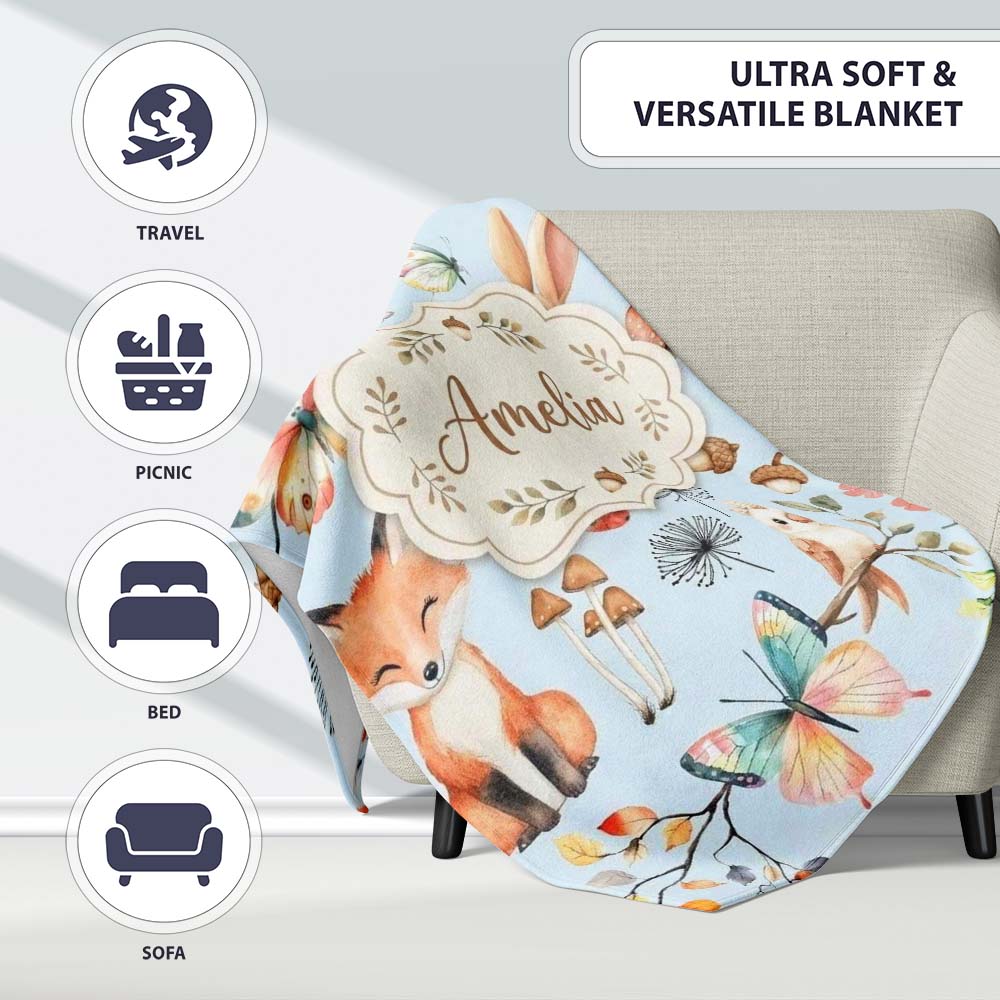 Woodland Animals Rabbit Fox Butterfly Leaves on Soft Blue Seamless Personalised Custom Name Super Soft Fleece Blanket Bed Sofa Throw
