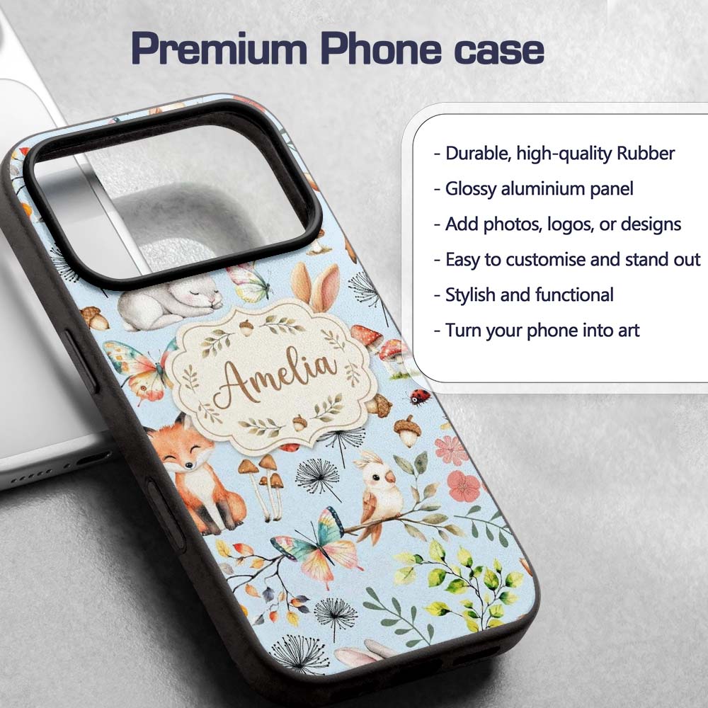 Woodland Animals Rabbit Fox Butterfly Leaves on Custom Name Protective Phone Case Mobile Cover Durable Everyday Smartphone Shock Resistant