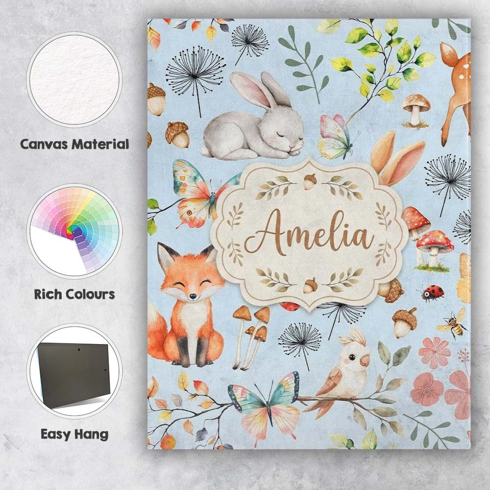 Personalised Name Woodland Animals Rabbit Custom Unique Gift Idea Elegant Feature Canvas Wall Art Print Decor Picture Ready to Hang
